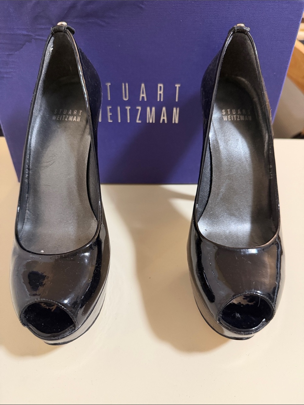 Stuart Weitzman Black Patent Peep-Toe Pumps with Platform
